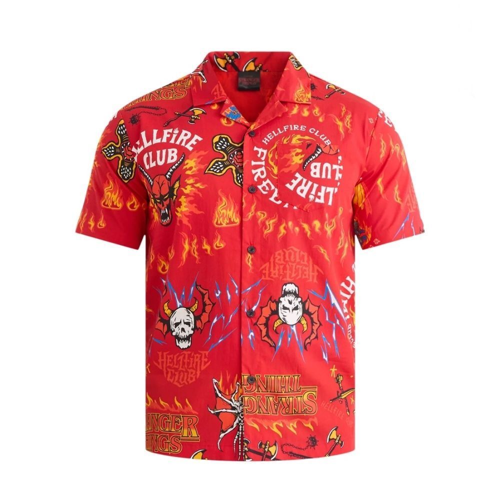 Men's Hellfire Club Print Button-Up Cotton Shirt with Short Sleeves Size L